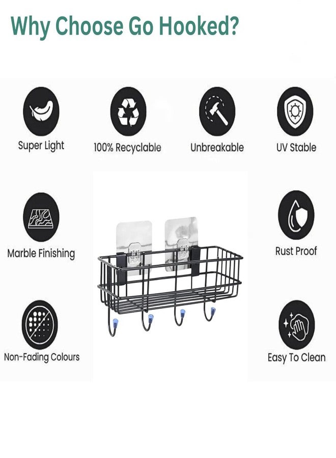 جو هوكد سلة تخزين معدنية من بيانكو مع خطافات | مجموعة من 3 أرفف لاصقة ذاتية التثبيت على الحائط بدون حفر للحمام وتنظيم المنزل | رف تخزين متعدد الأغراض | منظم أرفف الحمام | رف حائط معدني - Image 5